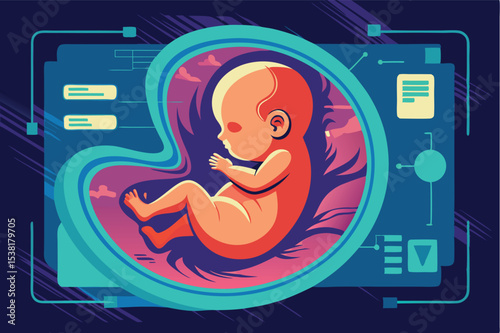 Digital illustration of a developing fetus in a futuristic environment showcasing prenatal science and technology