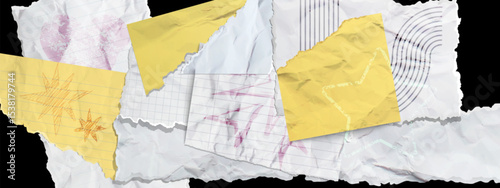 Torn paper textures with funky yellow sticky notes and lined notebook sheets - abstract collage materials with doodles, wrinkled edges and grunge elements for creative journaling and mixed media.