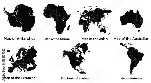 Seven Continent Maps Antarctica, Africa, Asia, Australia, Europe, North America, and South America