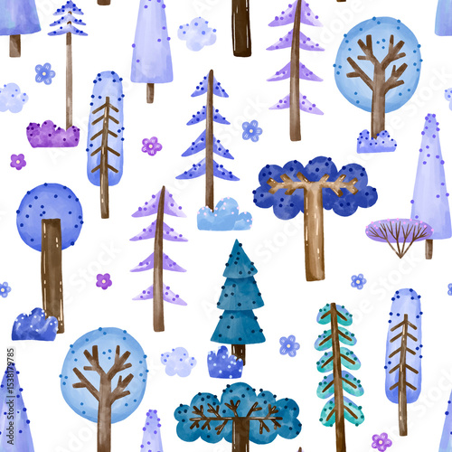 Winter endless background. Fir, spruce Magic watercolor trees illustration, fairy forest hand drawn collection on isolated background