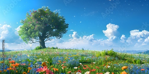 
Beautiful Summer Meadow with Colorful Wildflowers and Scenic Landscape 
