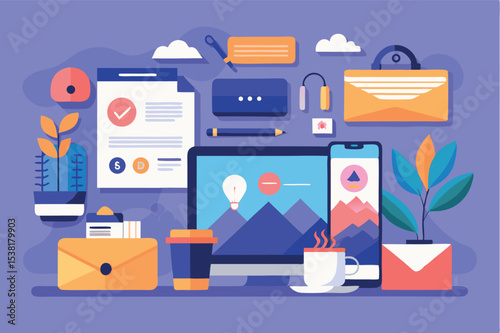 Creative workspace with colorful digital tools and stationery in a modern design setting