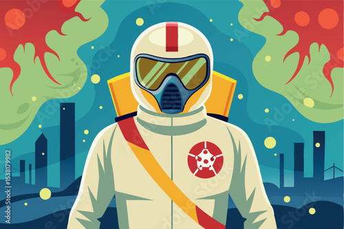 Space explorer in a protective suit against a vibrant backdrop with alien features