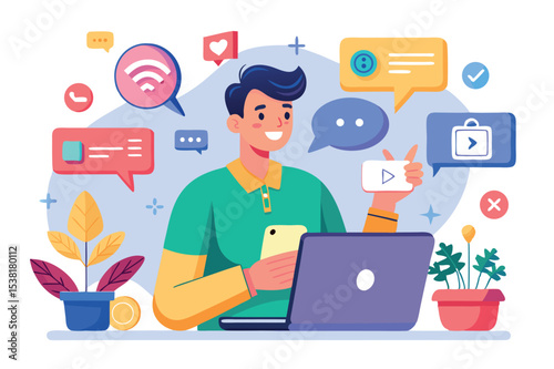 Young man using laptop and smartphone for online content creation at home