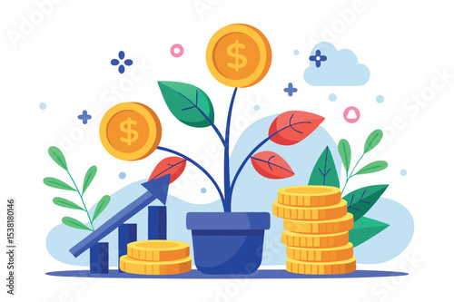 Growing investment with coins and plant symbolism for financial growth
