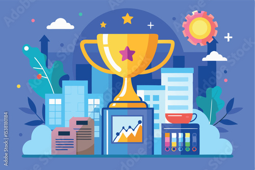 Bright trophy symbolizes success in a modern city setting at daytime