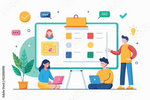 Collaborative brainstorming session in a modern workspace with three people engaged in discussions and presentations