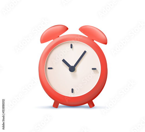 Red alarm clock 3D render vector illustration isolated on white background. Clock icon, time icon, watch symbol. Retro pointer clock modern emoji for website, banner or ad.
