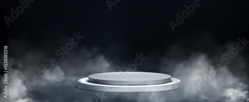 Silver metallic podium platforms in dramatic smoke atmosphere - circular stage display with fog effects for luxury product presentation, modern showcase design and mysterious background ambiance.