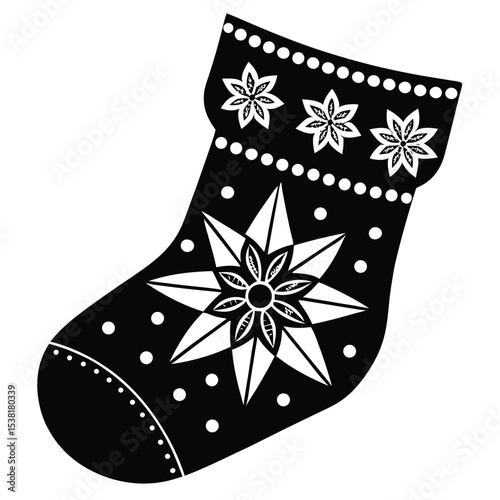 Intricate black and white christmas stocking decoration featuring floral ornamentation and festive design