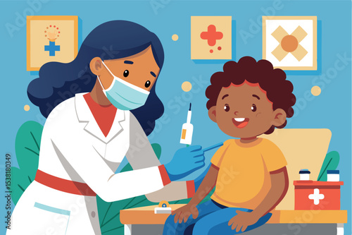 Healthcare professional administers vaccine to child in a clinic setting, focusing on pediatric care and health awareness
