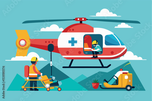 Rescue operations featuring medical helicopter with team and equipment in a mountainous area