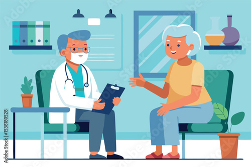 Friendly doctor consults with elderly patient in a bright clinic setting