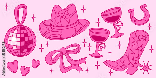 Pink disco cowgirl party elements - sparkly mirror ball, star patterned western boot with spur, decorative ribbon, horseshoe, hat, wine glasses tied with bows. Retro country music celebration icons