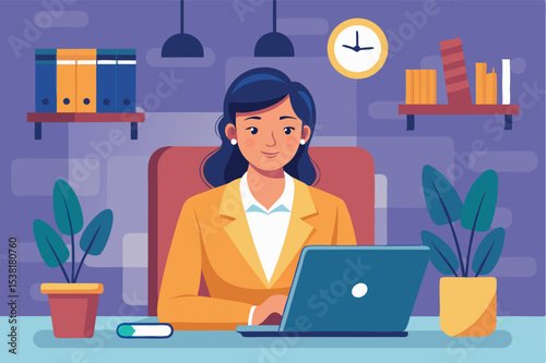 Young professional working on laptop in a cozy office space during daytime with books and plants