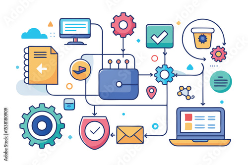 Visual representation of digital workflow with gears and technology
