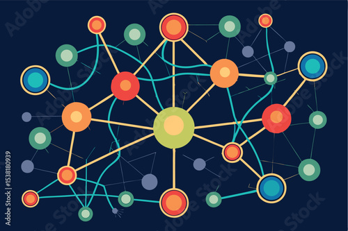 Abstract network illustration depicting complex connections and relationships in a colorful design