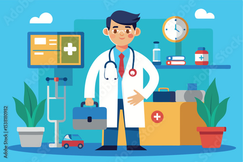 Healthcare professional in a colorful clinic setting with medical supplies and tools during the day