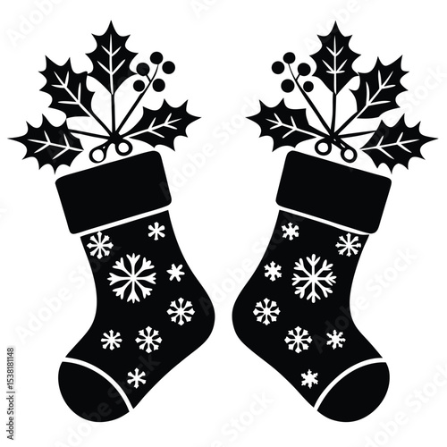 Two christmas stockings decorated with snowflakes and holly berries festive celebration vector