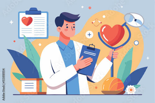Heart health expert analyzing data with a stethoscope while promoting wellness in a bright office setting