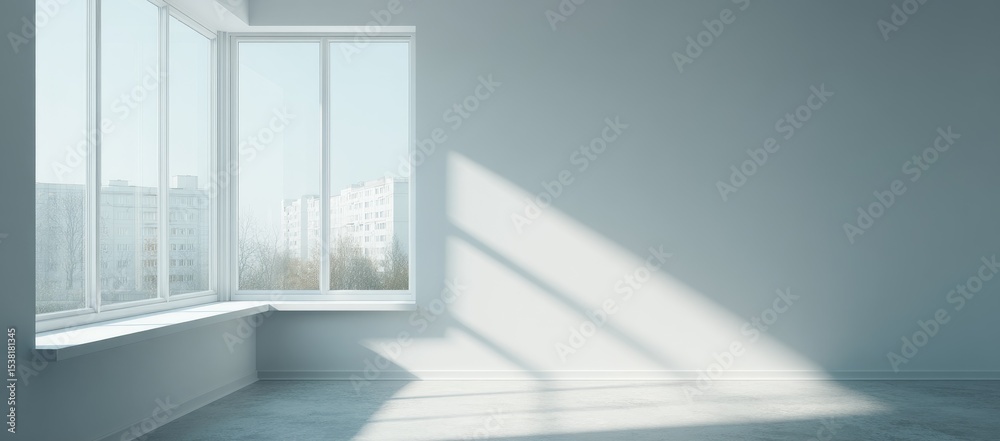 Obraz premium Bright, empty room with a bay window, sunlight casts shadows