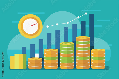 Growing financial trends illustrated with charts and coins in a vibrant graphic design