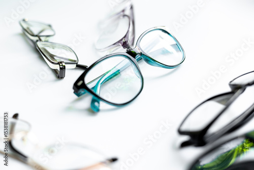 Set with different eyeglasses with lenses isolated on white