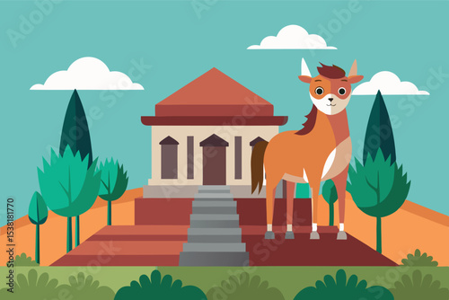 Colorful cartoon scene of a deer near a temple with trees