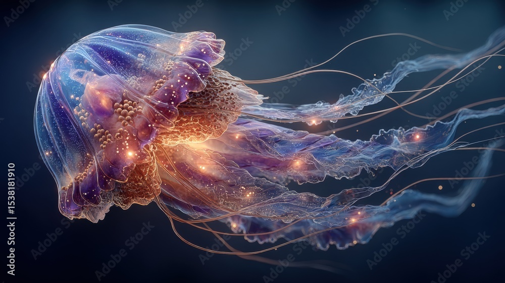Fototapeta premium Luminous Jellyfish with Glowing Tentacles in Deep Ocean