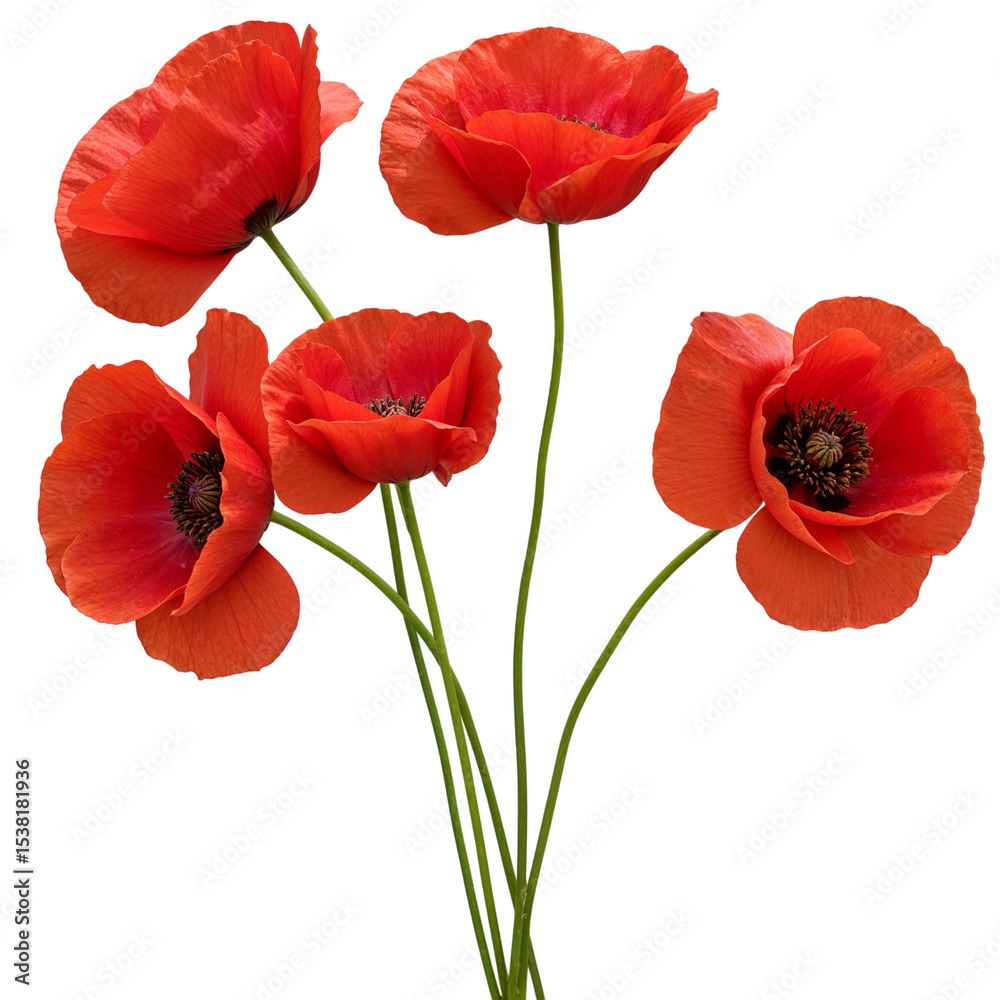 Fototapeta premium Five red poppies bouquet isolated on transparent background