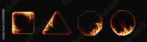 Burning fire frame collection - glowing geometric shapes with realistic flame edges on black bg. Square, triangle and circle borders with orange heat effect for gaming interface or hot deals promotion