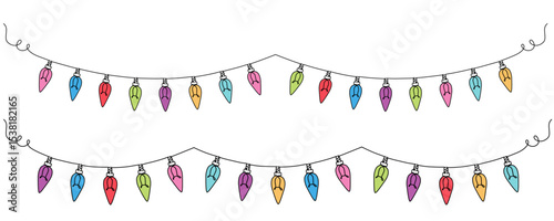 One continuous line drawing of Christmas garland with light bulbs.Christmas ornament string and festive border eps 10.