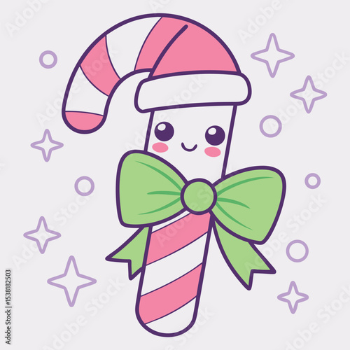 Adorable kawaii cartoon candy cane decorated with a festive bow and starry accents