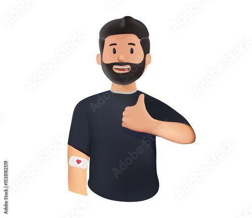 Blood donor man with bandage and red heart on arm isolated on background, blood donation concept with copy space. blood cells, donate plasma, world blood donor day, health care, transfusion, vector