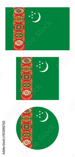 
Turkmenistan flag PNG vector. Turkmenistan square and round icon isolated on transparent PNG background. Turkmenistan flag icon.