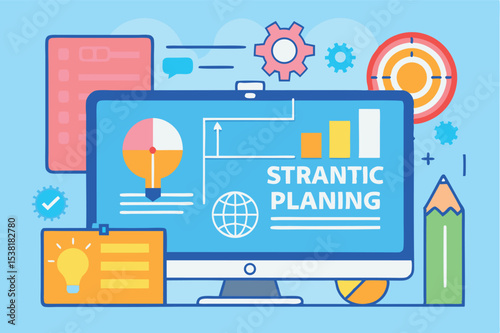 Creative digital workspace showcasing strategic planning concepts with various elements on a computer screen