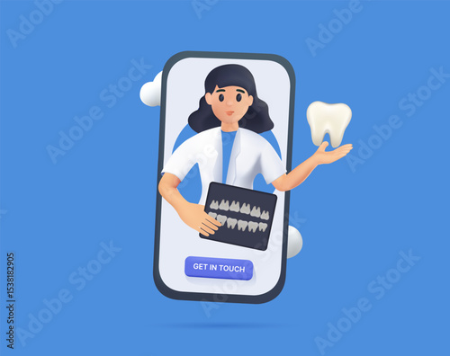 Dentistdental doctor 3D render vector illustration. Teeth examination and dentistry checkup concept. Stomatologist showing teeth x-ray image, cavities, periodontal disease. Smartphone choosing