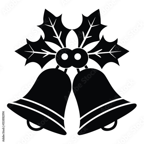 Black and white christmas bells with holly festive vector illustration for holiday designs