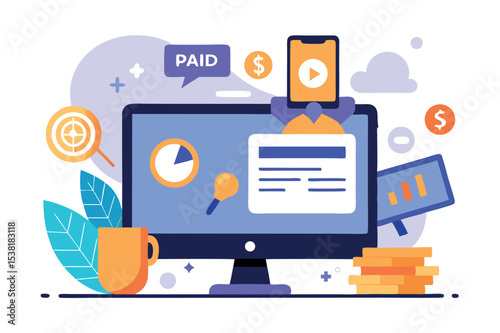 Creative digital marketing concept featuring analytics and content creation tools on a computer screen