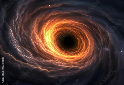 A cosmic vortex of light and shadow, a black hole with a glowing accretion disk, swirling nebulae, and distant stars.