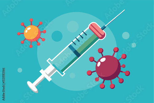 Syringe surrounded by colorful virus illustrations in a healthcare setting