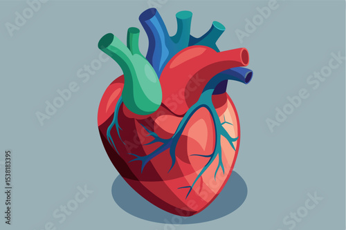 Artistic representation of a human heart anatomy with colorful vessels