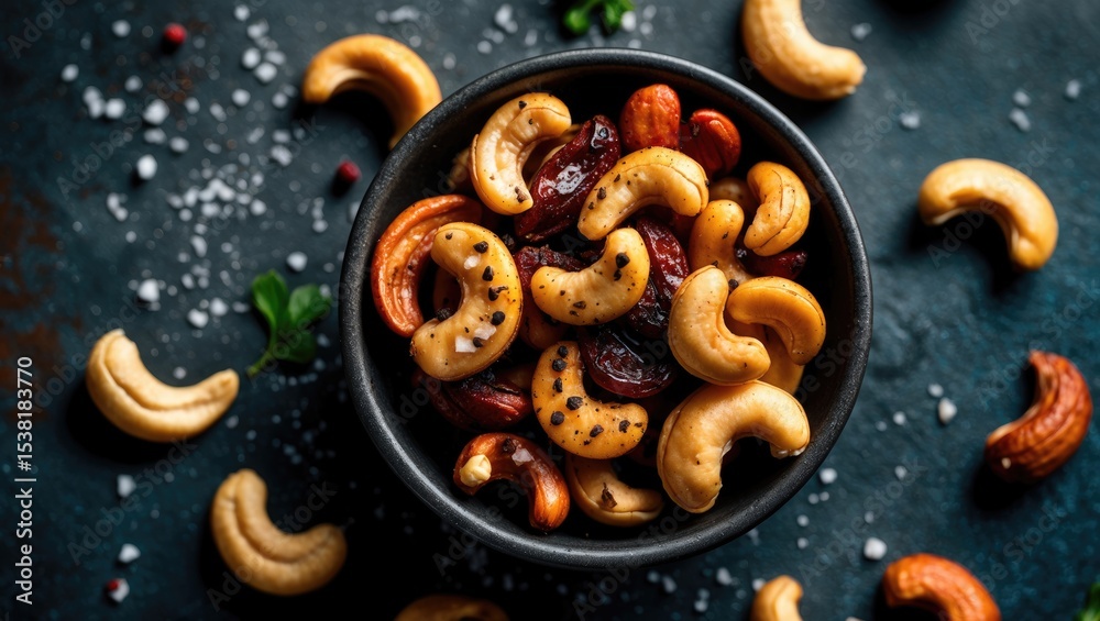 Naklejka premium Close-up top view of salted, pan-fried cashew nuts with pepper flavor in a bowl