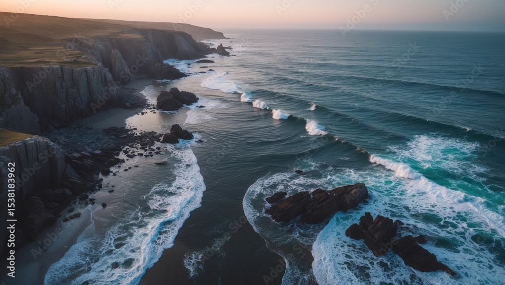 Fototapeta premium Aerial drone view of Atlantic Coast with dramatic rugged rocky coastline, waves crashing against rocks at sunrise, beach