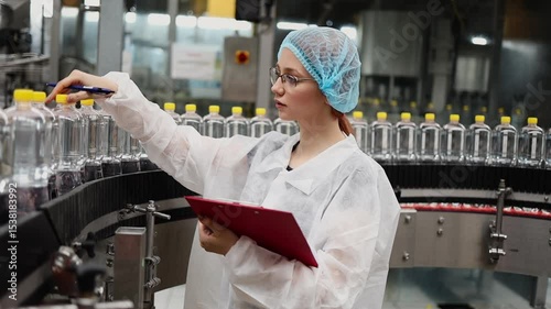 Female food technician wearing protective clothing and mask is checking plastic water bottles on production line in bottling factory, holding clipboard and inspecting products