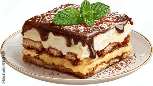 Tiramisu on a plate dessert vector isolated on a white background