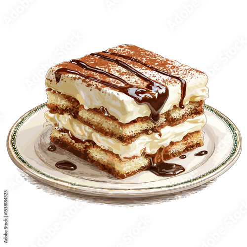Tiramisu on a plate dessert vector isolated on a white background