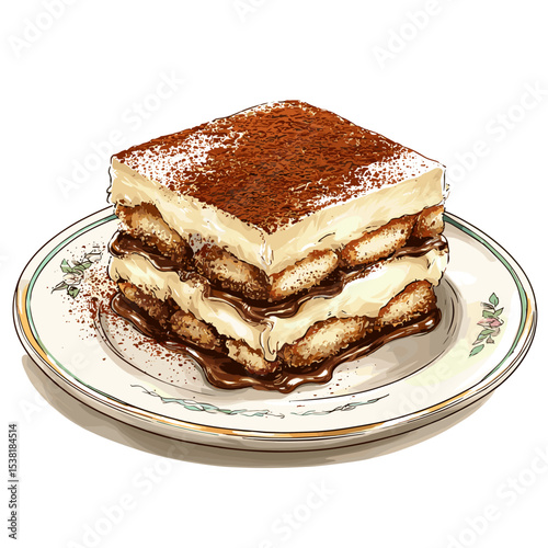 Tiramisu on a plate dessert vector isolated on a white background