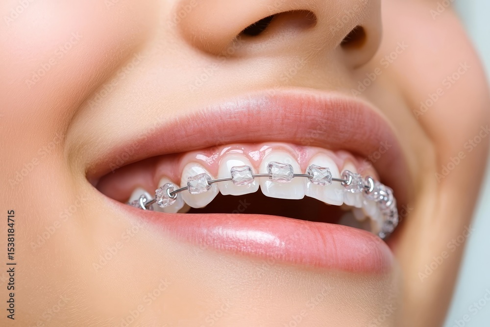 Obraz premium Radiant Close-Up of a Cheerful Young Woman Smiling Brightly With Clear Braces and Perfect Teeth
