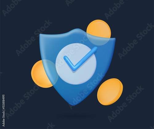 Money and shield 3D render illustration, concept for finance securance, money safety. Money protection, financial saving insurance, safe business economy vector. Isolated on dark blue background